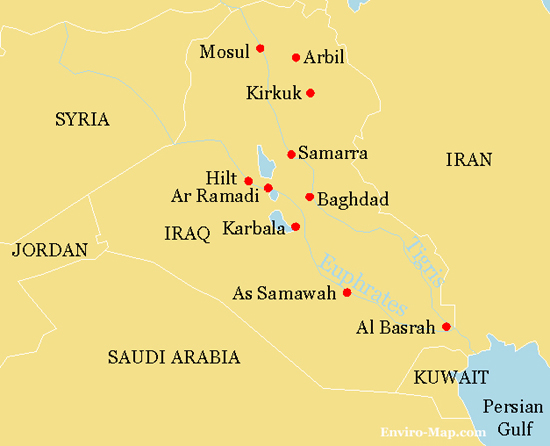 This map shows Iraq, it's major cities, rivers and surrounding countries.